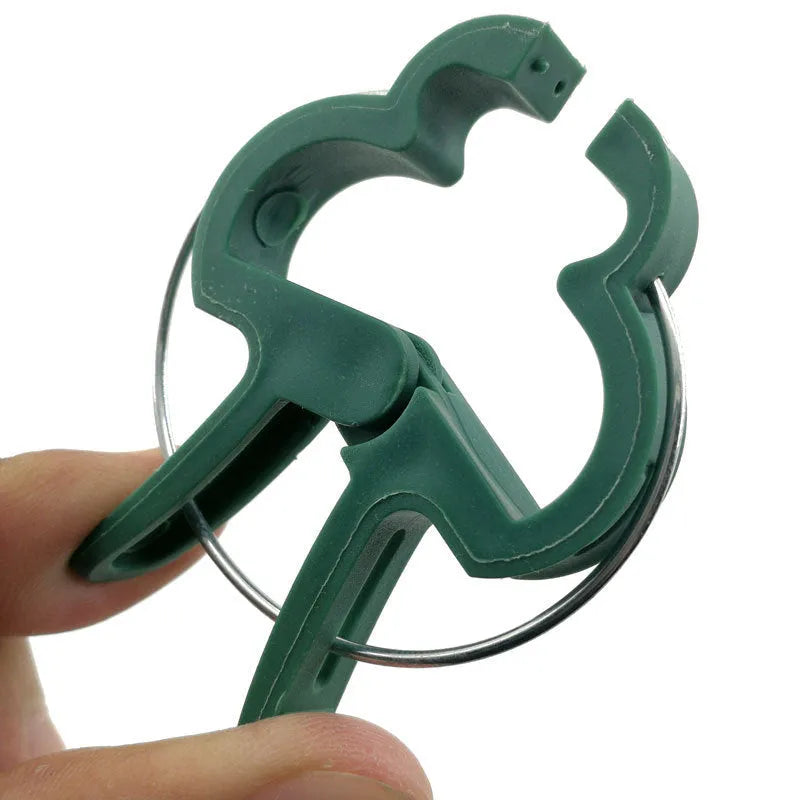Green plastic and zinc plant fixing clips for supporting climbing tomatoes and beans