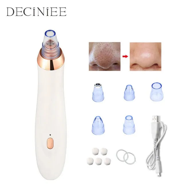Black electric blackhead remover device with vacuum suction function and different coloured nozzles.