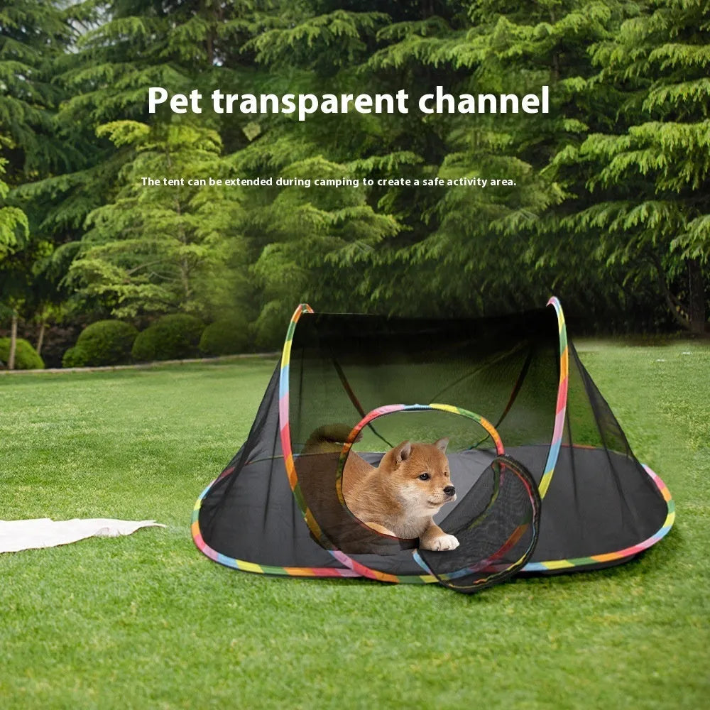 A foldable mesh cat play cage in a hexagonal style, shown both set up and collapsed flat.