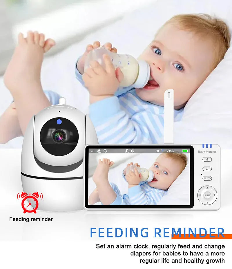 White baby monitor with 5-inch HD screen showing baby monitoring display