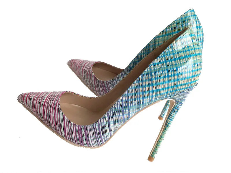 Ladies' pointed toe high heels with pink to blue gradient patent leather and a high heel.