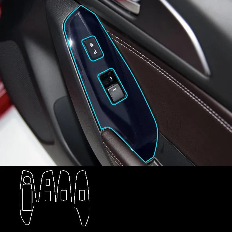 Four TPU protective films for car door control panels in transparent, carbon fibre black and matte black finishes