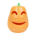Orange Halloween pumpkin shaped interactive dog chew toy made of thermoplastic rubber with treat dispensing funnel design for all breed sizes