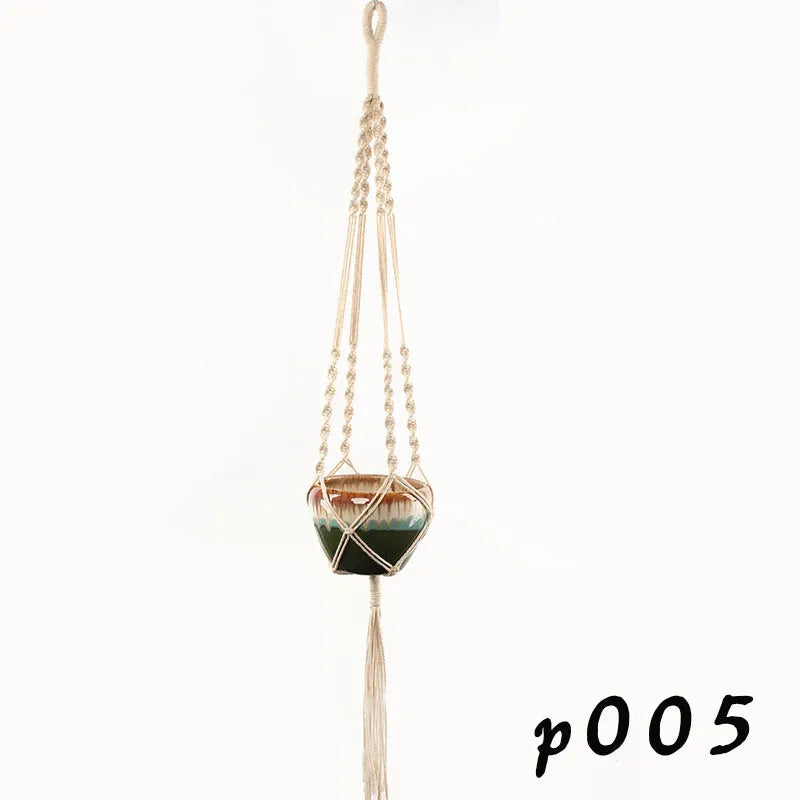 Cotton rope woven wire basket planter shown in desktop, wall hanging, and hanging configurations