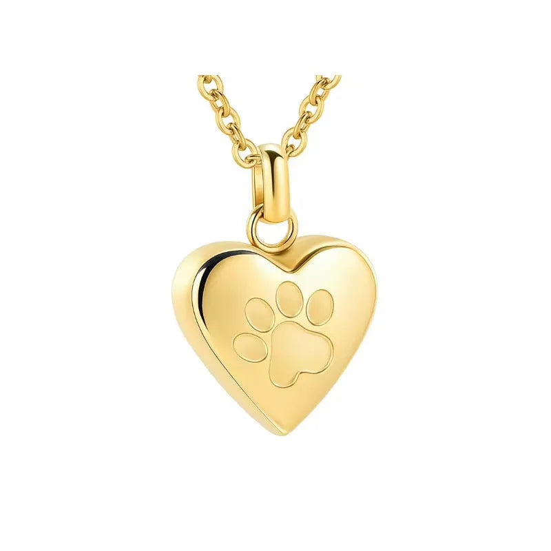 Openable titanium steel heart pendant necklace with engraved paw print for ashes.