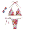 Women's triangle printed bikini set with halter neck top and separate bottom in multicolor pattern
