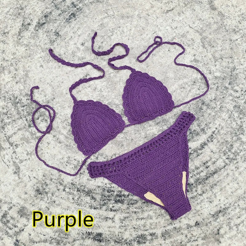 Women's 3-piece handmade crochet bikini set with skirt cover-up in solid colour acrylic fibre