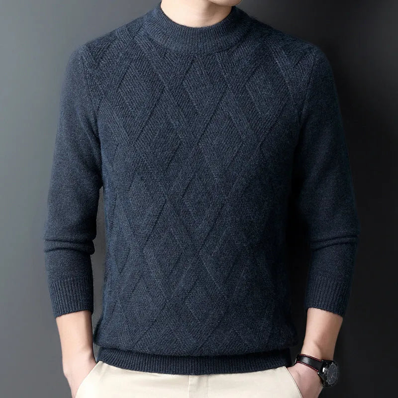 Men's thicken thermal wool blend pullover sweater with diamond jacquard pattern in light camel colour.