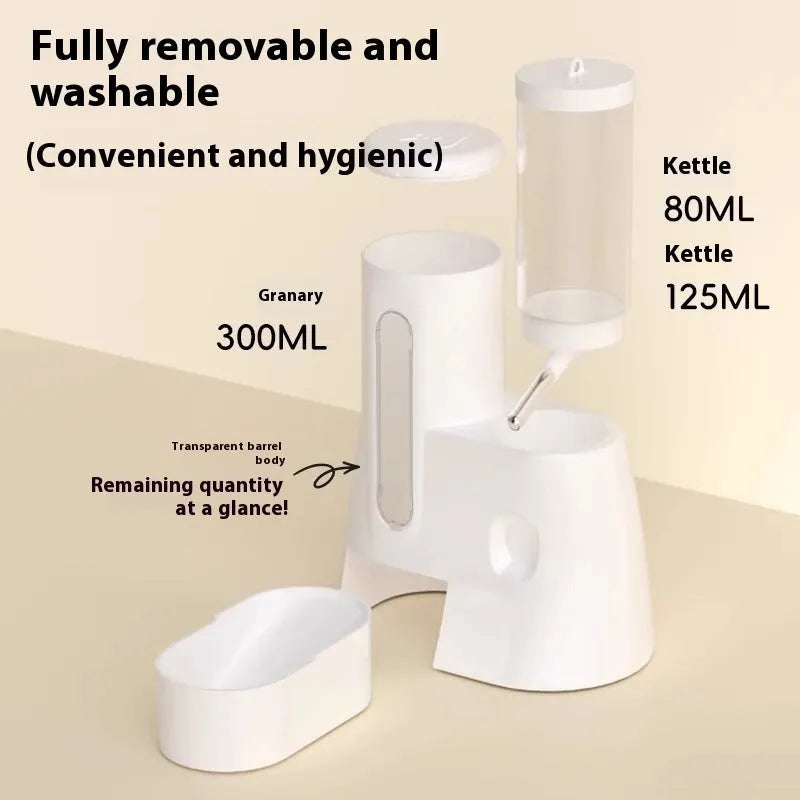 White automatic water bottle holder with attached food basin for a hamster cage.