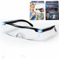 Transparent black USB LED reading glasses with integrated light on the frame.