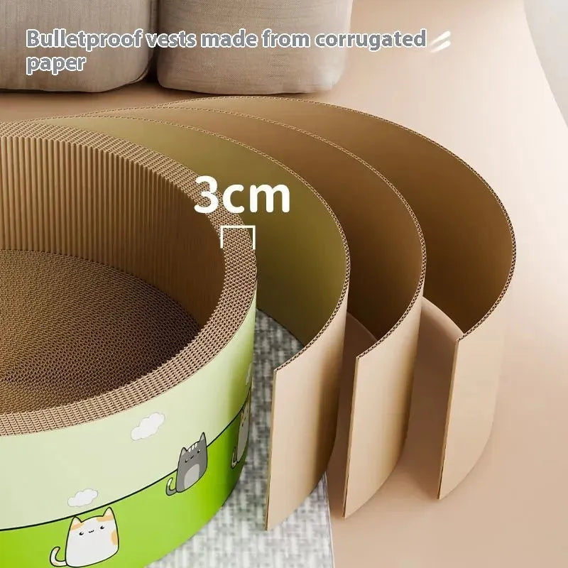 Round deep bowl cat scratch board made from corrugated paper, showing replaceable refill pads.