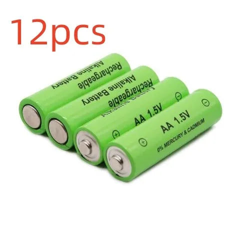 Alkaline rechargeable AA battery with 3000mAh capacity and 1.5V output, shown in green casing.