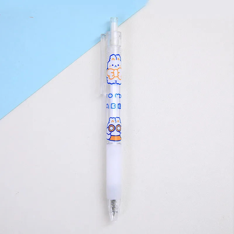 Six cream-coloured press pen knives with bear and rabbit character designs including orange bear, doll bear, and bowtie rabbit