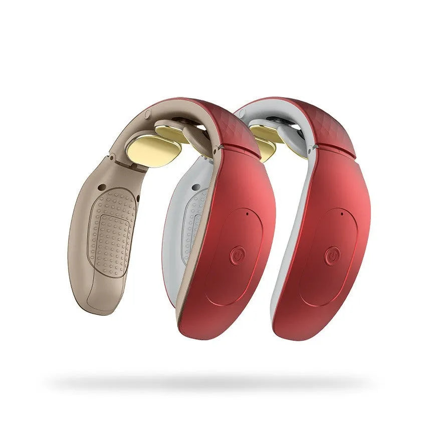 Small red and white handheld intelligent cervical massager on a grey background