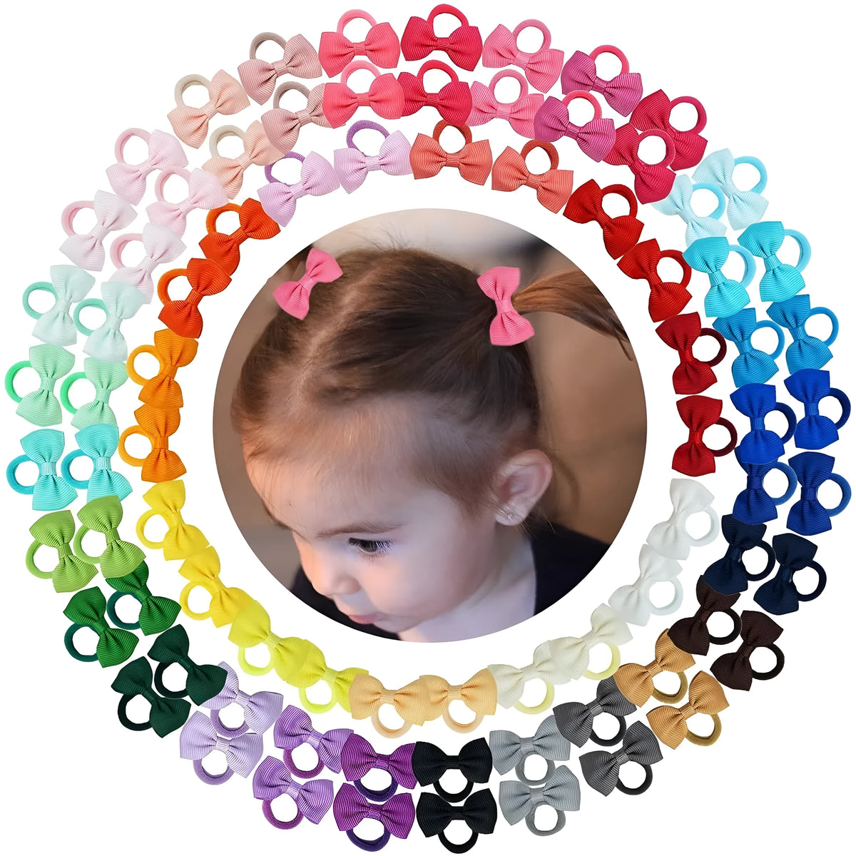 80 multi-coloured baby hair ties with grosgrain ribbon bows for infants and toddlers