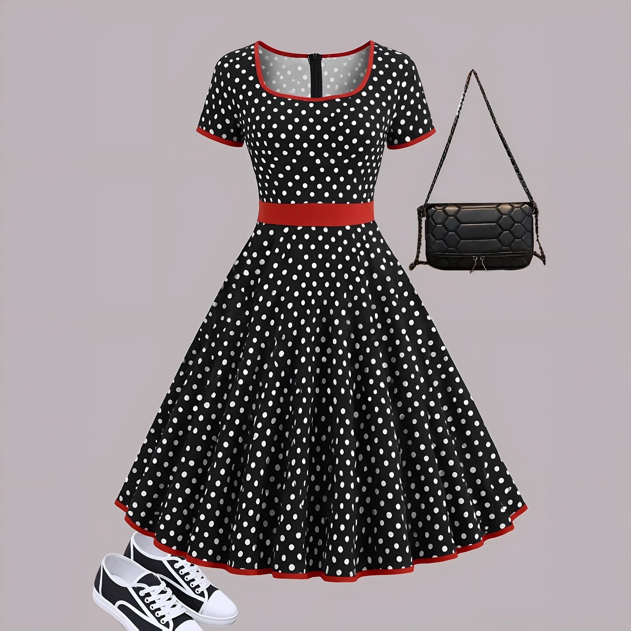 Multicolour polka dot pleated dress with square collar and short sleeves.