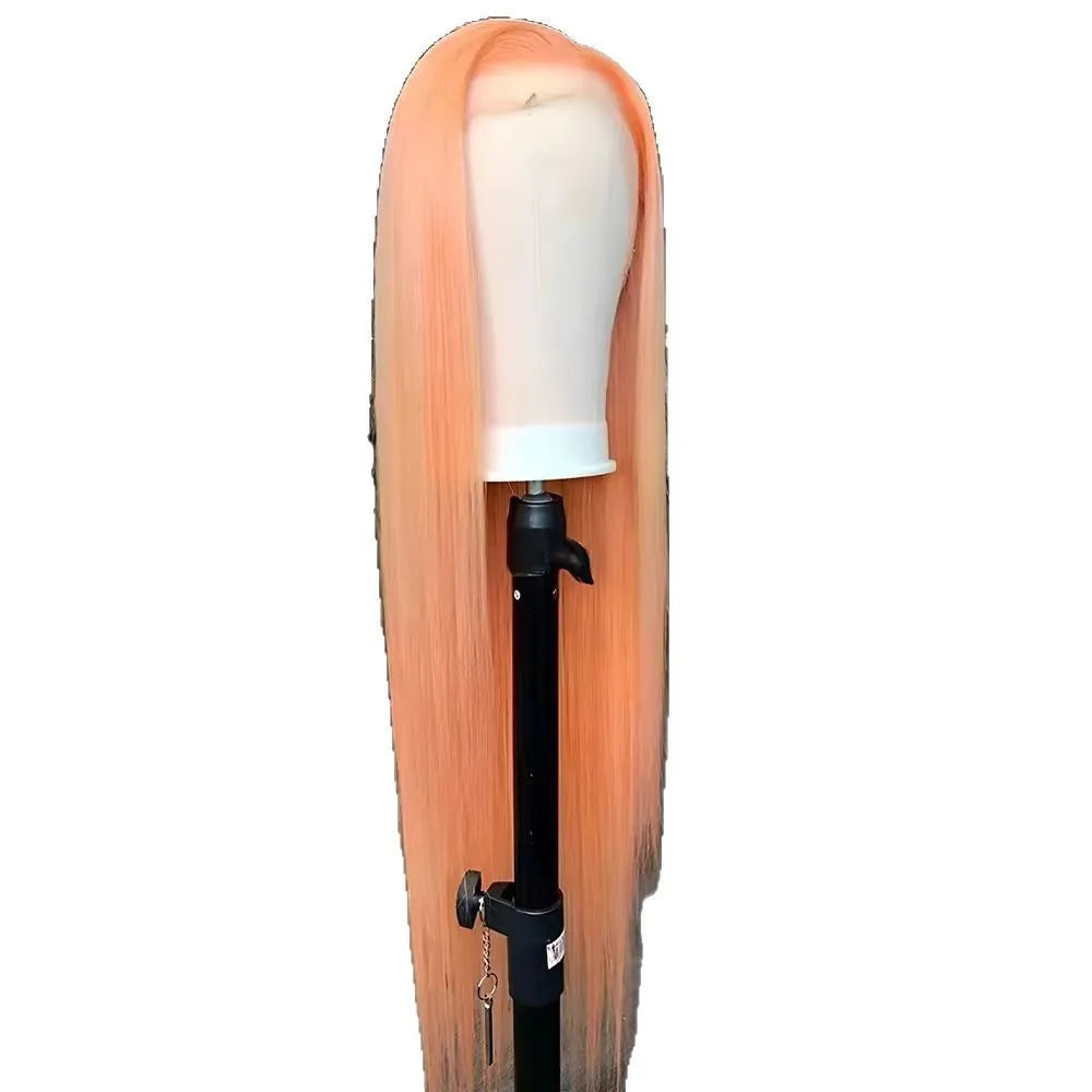 Light orange long straight front lace wig with high-temperature fibre, shown with side bangs styling