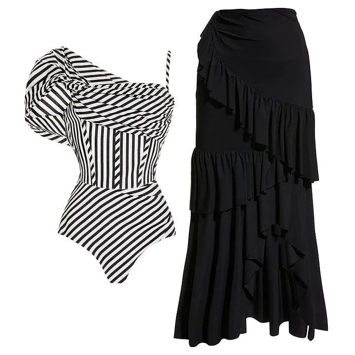 Women's striped one-piece swimsuit with ruffled detailing and black skirt attachment