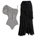 Women's striped one-piece swimsuit with ruffled detailing and black skirt attachment