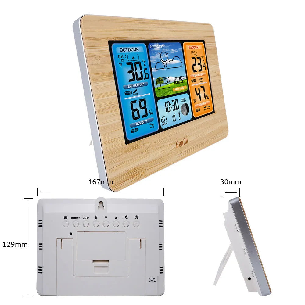 Digital weather station clock with LCD display showing temperature humidity and forecast in black plastic case