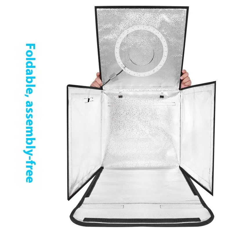 50cm foldable studio light box with three-colour LED lights and reflective cloth interior for product photography.