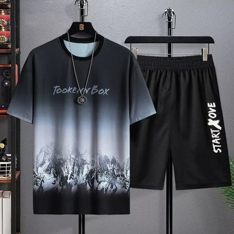 Men's light blue ice silk short sleeve T-shirt and matching shorts summer suit set laid flat.