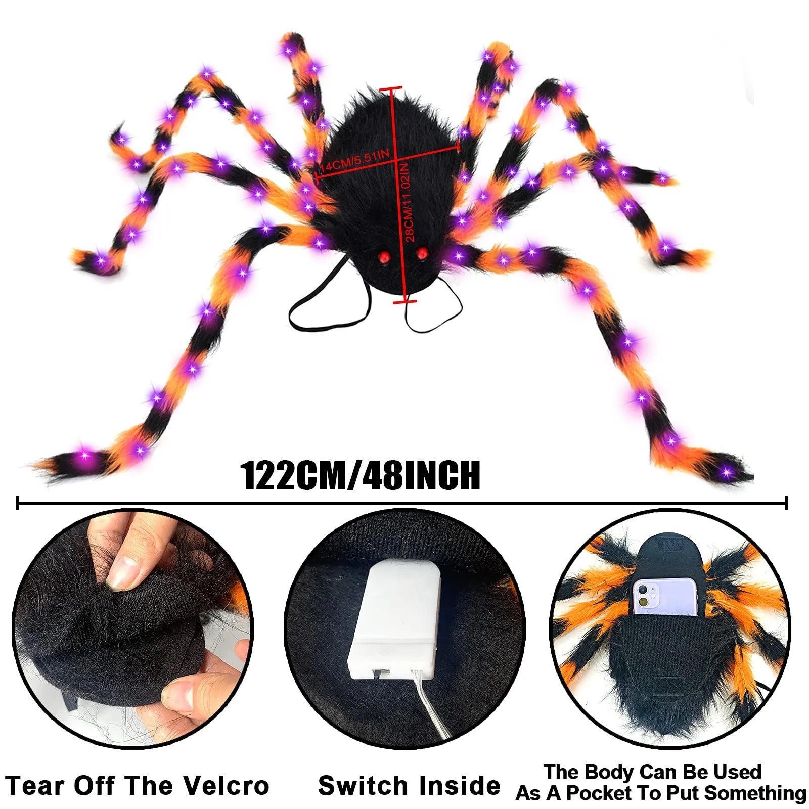 Halloween spider backpack with LED lighting in plush sugar bag design showing colour options