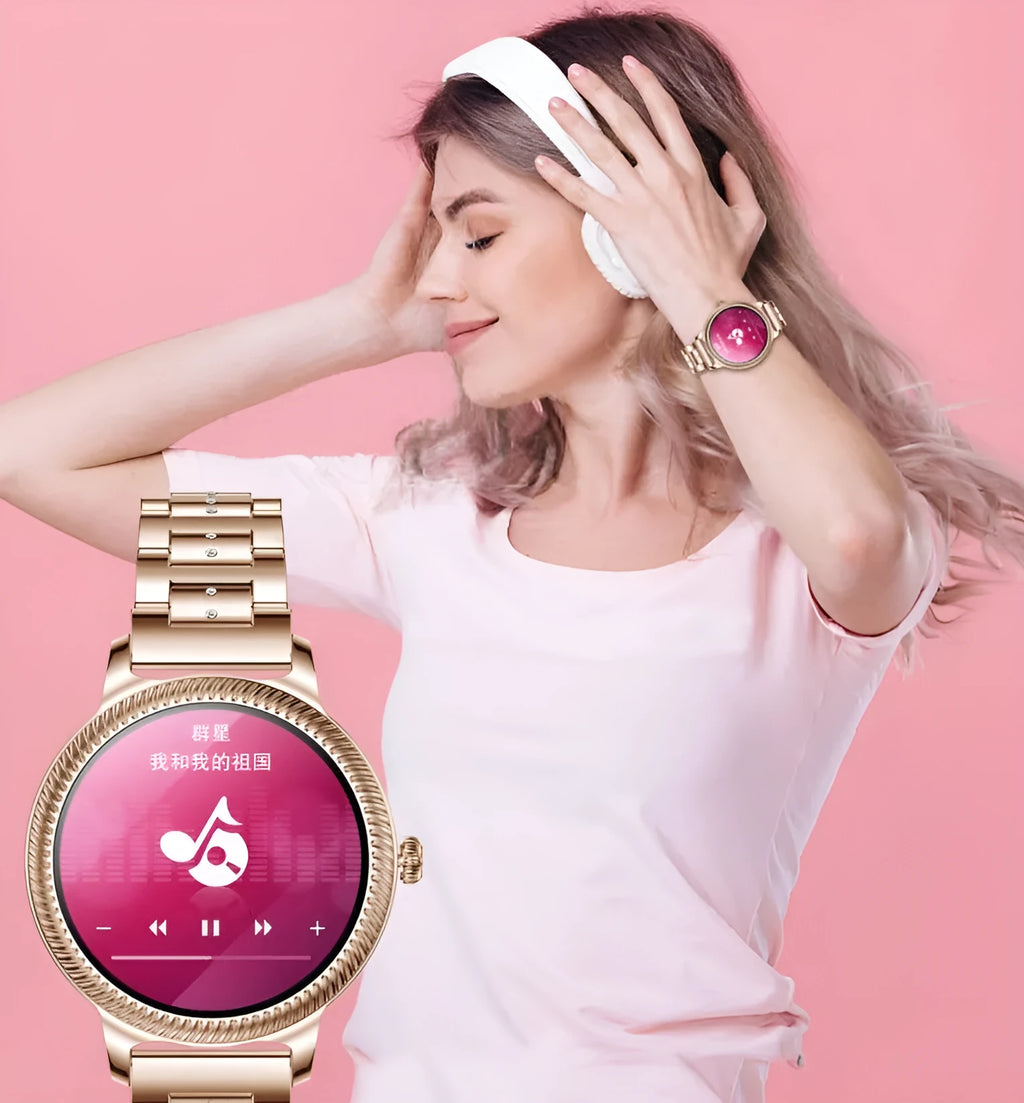 AK38 ladies smart watch with stainless steel bracelet and 1.09-inch colour screen