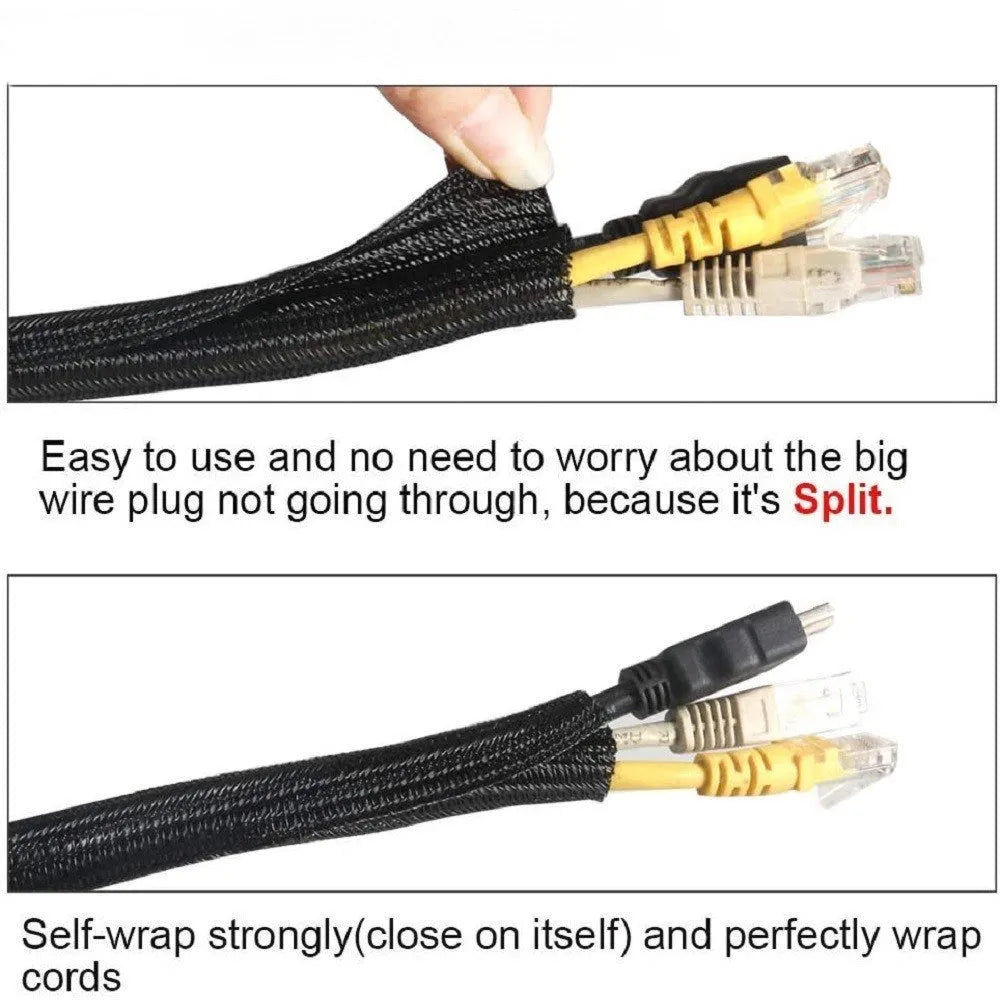 Black self-winding polyester mesh sleeve for automotive wire protection, shown in a roll.