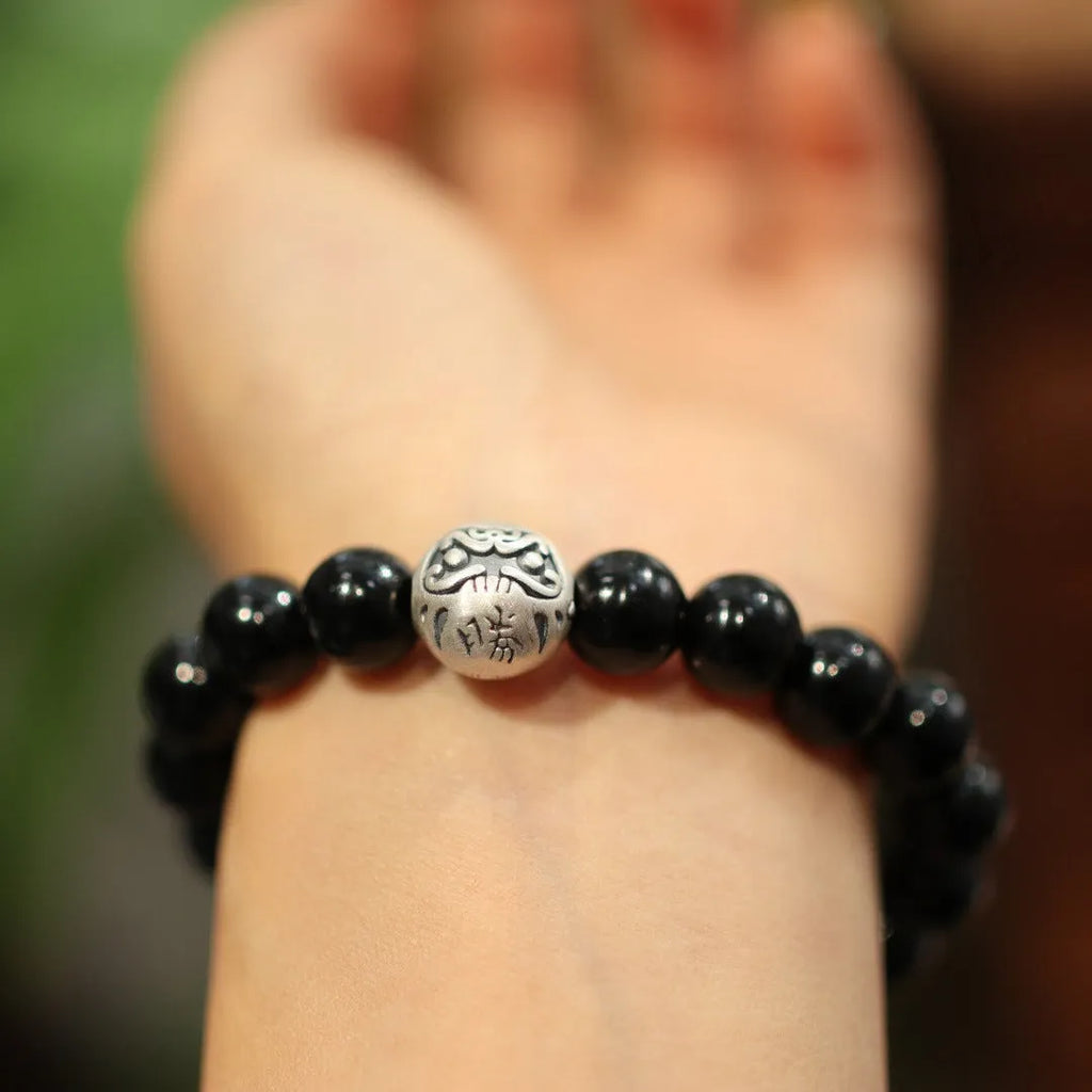Black agate bracelet with 10mm beads and sterling silver Chinese style design