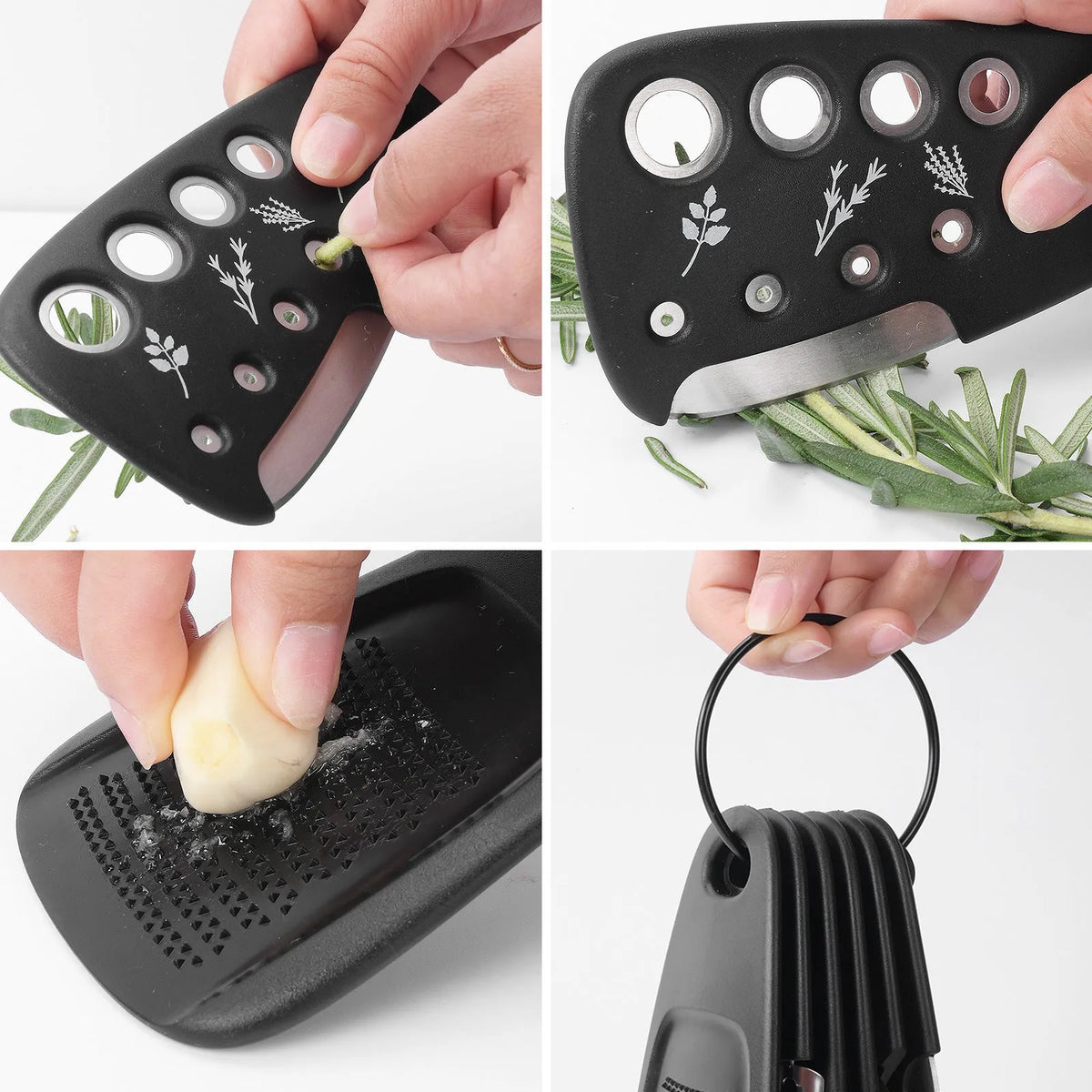 Six stackable kitchen gadgets including peelers, a brush, and tongs in a colour box.
