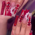 Sweet flowers temperament prismatic red diamond removable fake nails set with European square shape