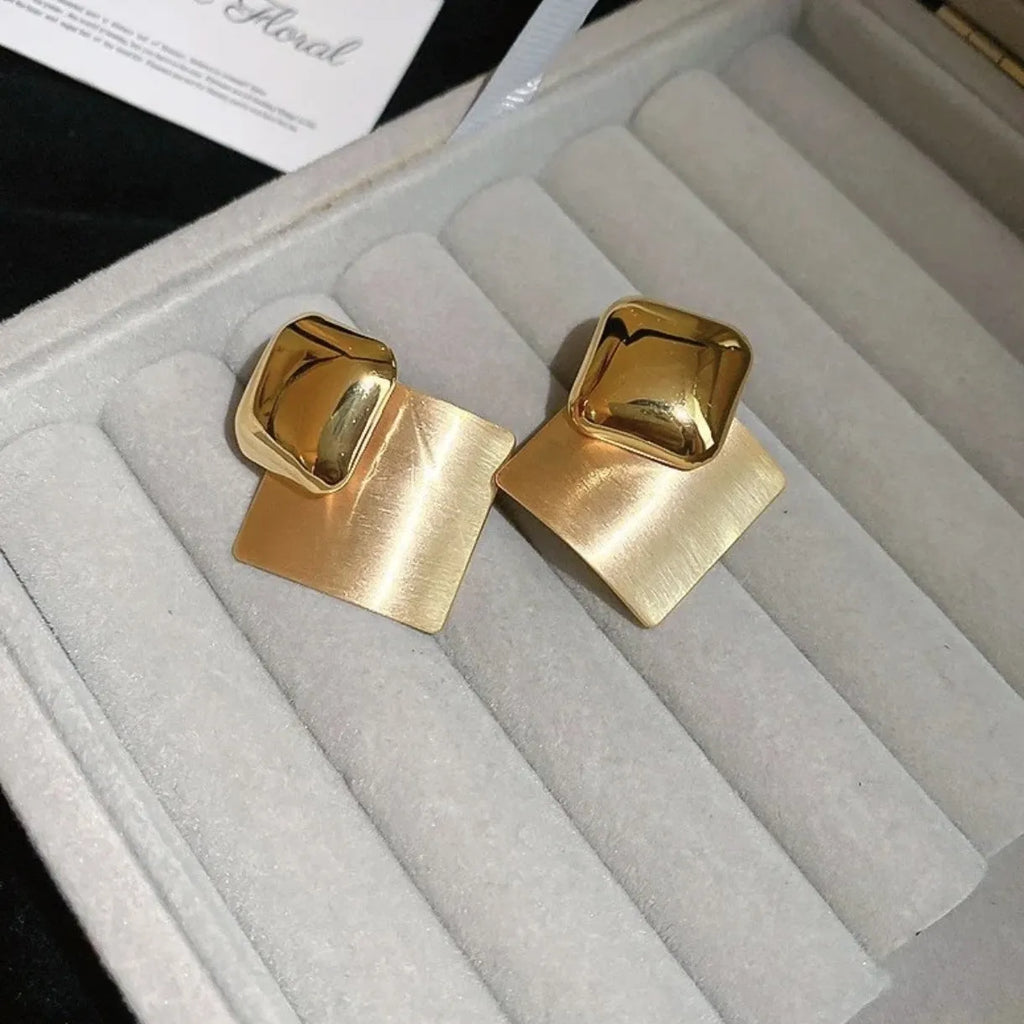 Gold brushed square stud earrings for women with alloy body and 925 silver needle, shown in 4.5cm and 3.5cm sizes