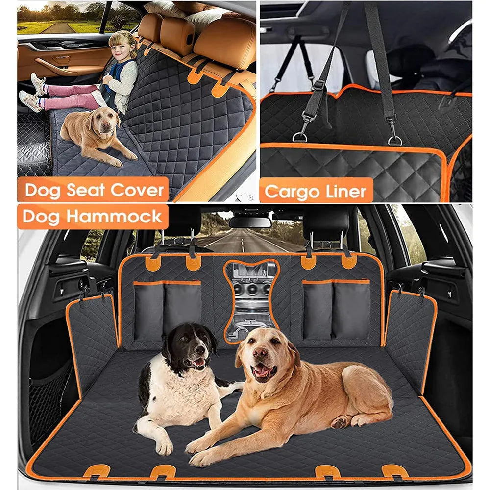 Black dog car seat cover with orange edging on a rear car seat, showing mesh window and storage pocket.