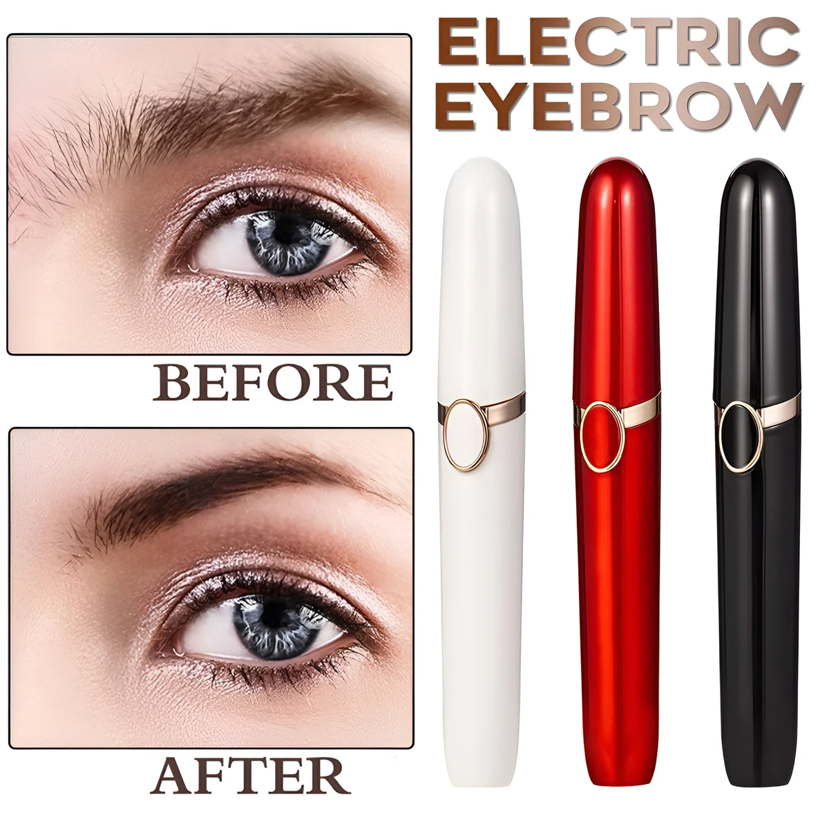 Multifunction eyebrow trimmer in white, black, or red, compact 10.5cm box size, standard or rechargeable version.