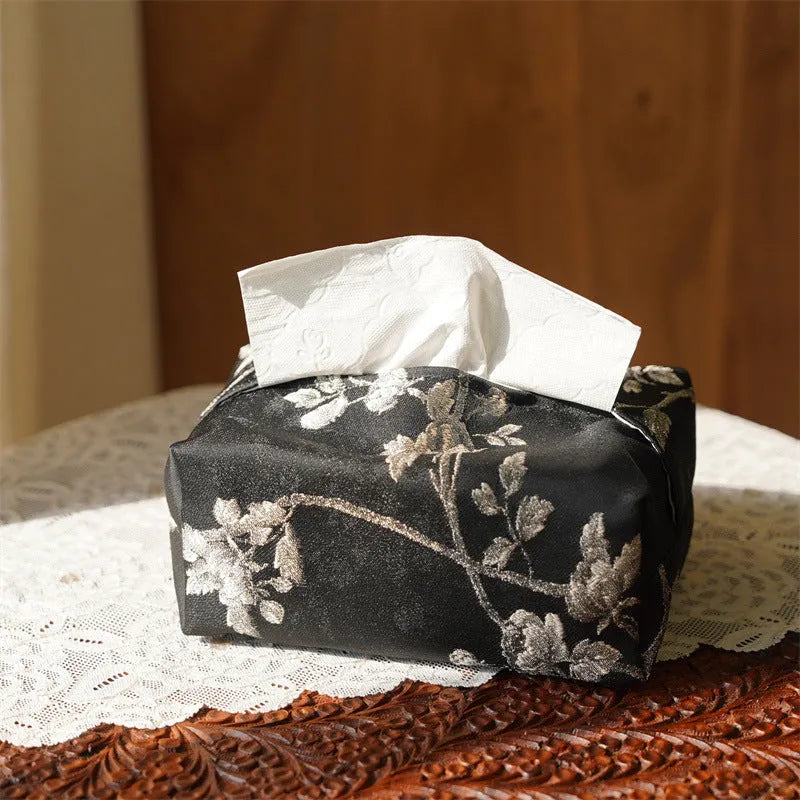 New Chinese style brocade fabric tissue box with white plum blossom embroidery.