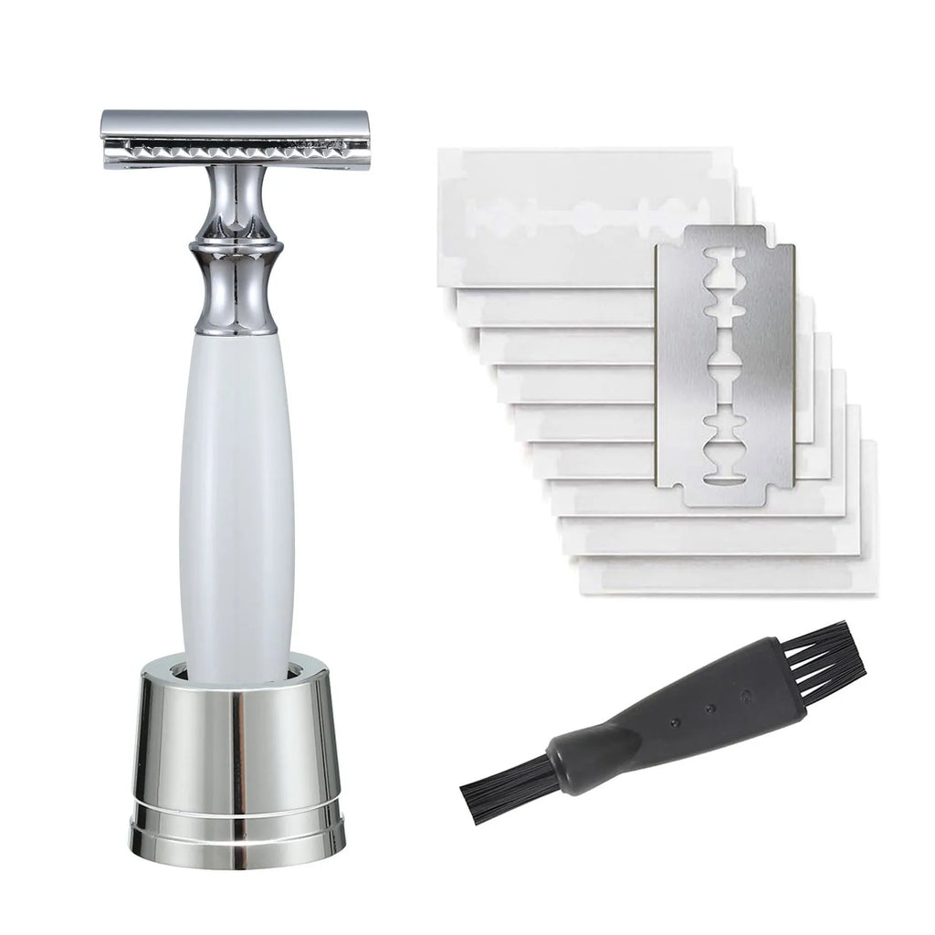Men's copper manual shaving razor with olive wood handle and metal shaver holder.