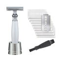 Men's copper manual shaving razor with olive wood handle and metal shaver holder.