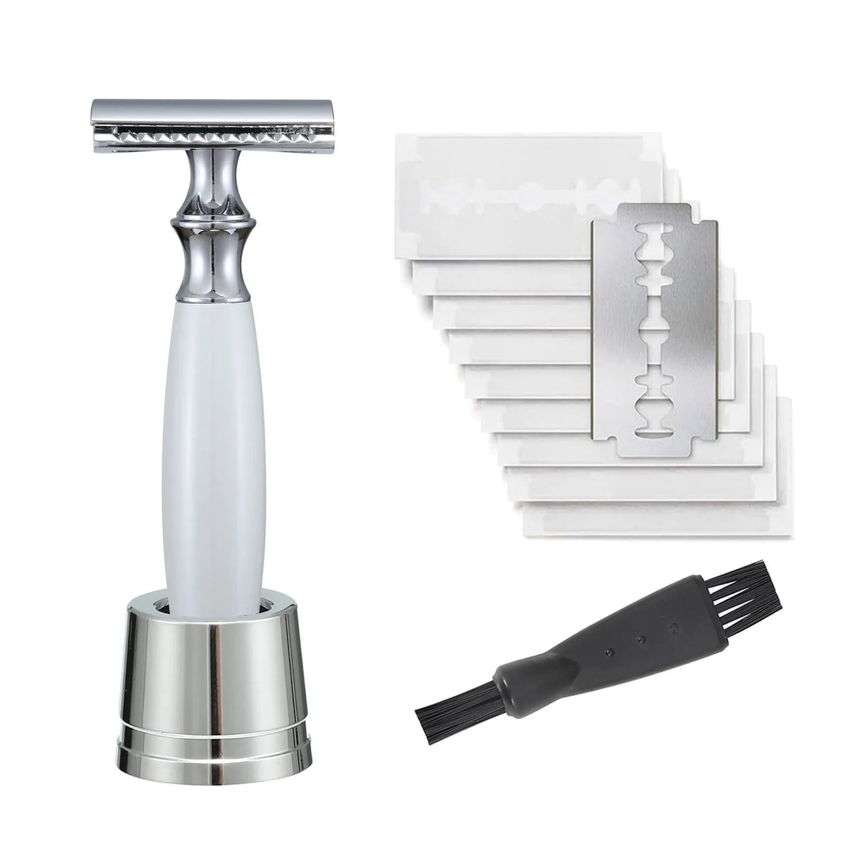 Men's copper manual shaving razor with olive wood handle and metal shaver holder.