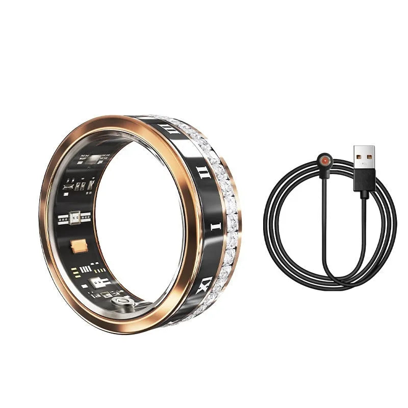 Gold and silver diamond inlaid smart ring for health monitoring on a finger.