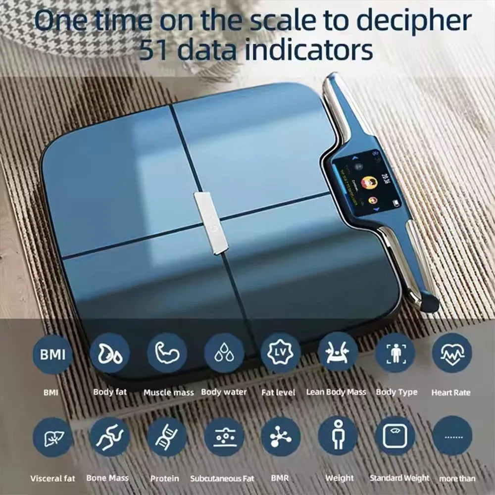 Black eight-electrode smart body composition scale on a floor