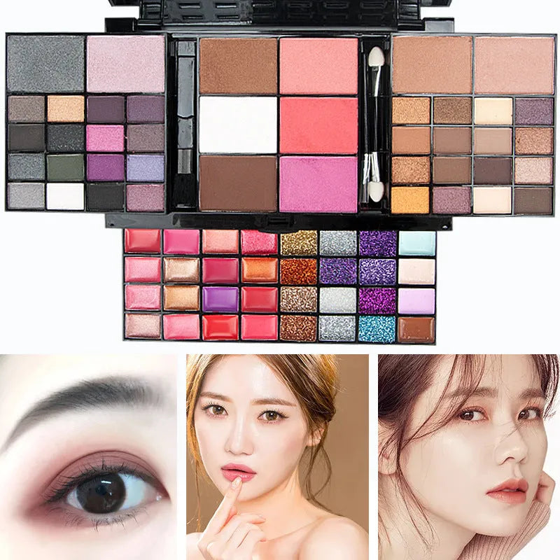 74 colour makeup combination palette open showing eyeshadows, lip glosses, and brushes