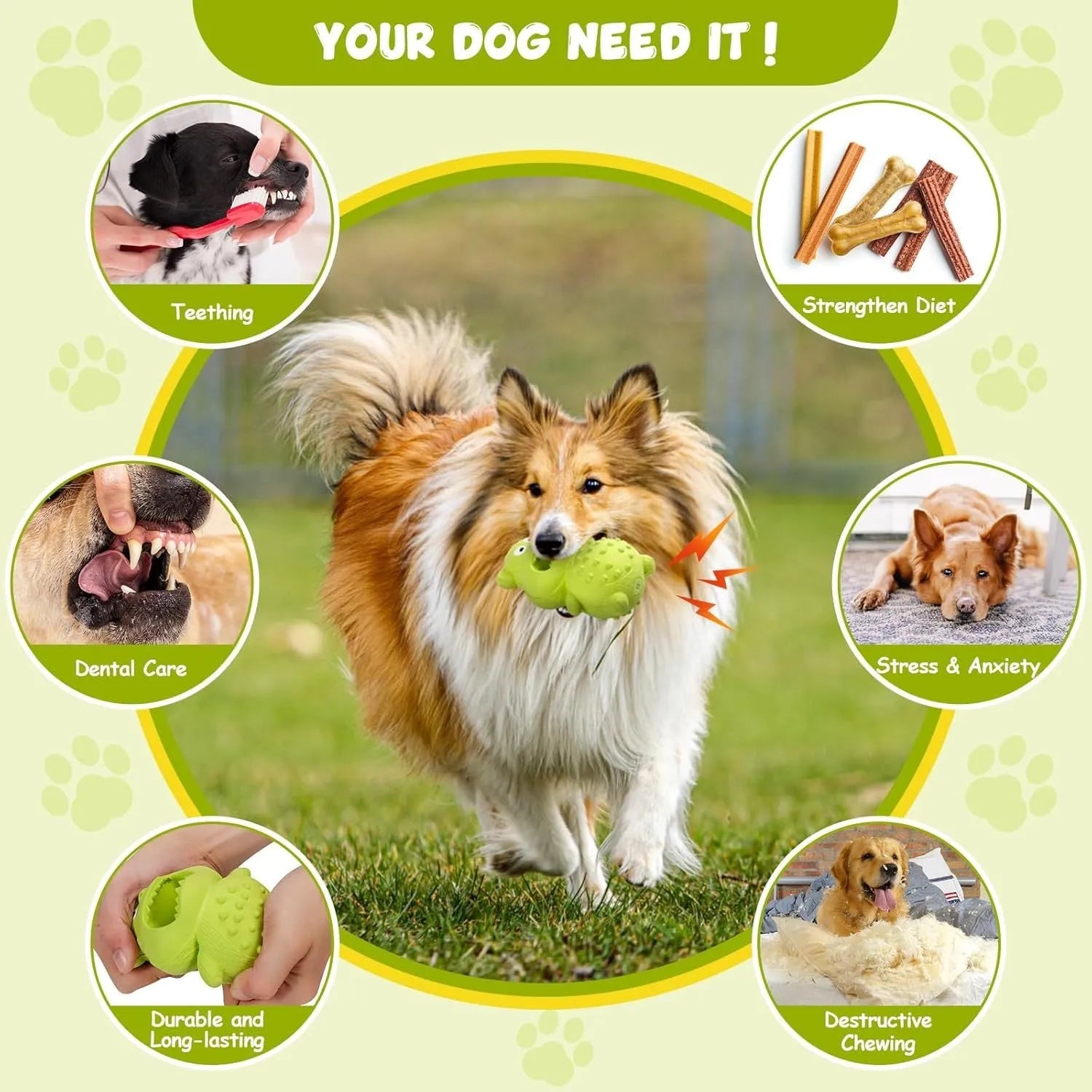 Green and yellow natural rubber squeaky dog toy with thick textured surface for aggressive chewers