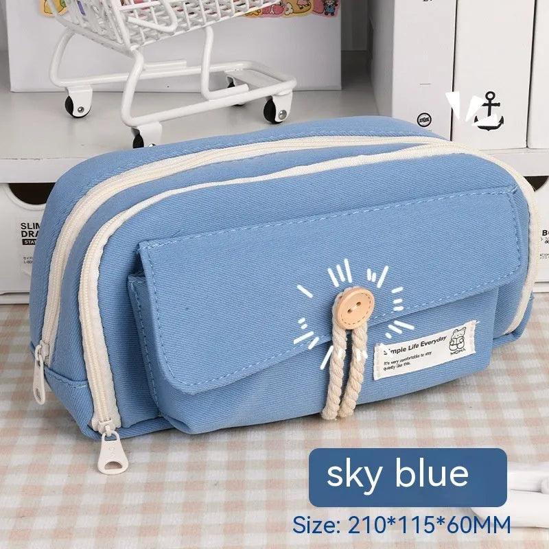 Korean style canvas pencil case in green colour with large capacity for approximately 80 pens