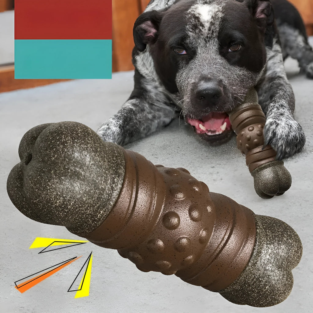 Wood colour plastic dog dental bone toy with textured cleaning surfaces