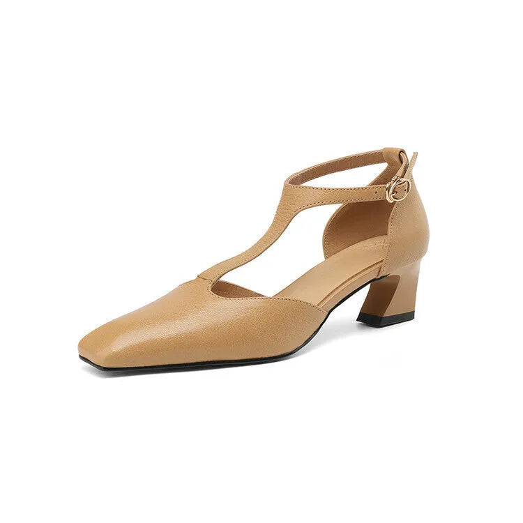 French retro square-toe chunky heel shoes in wine red sheepskin leather with buckle closure