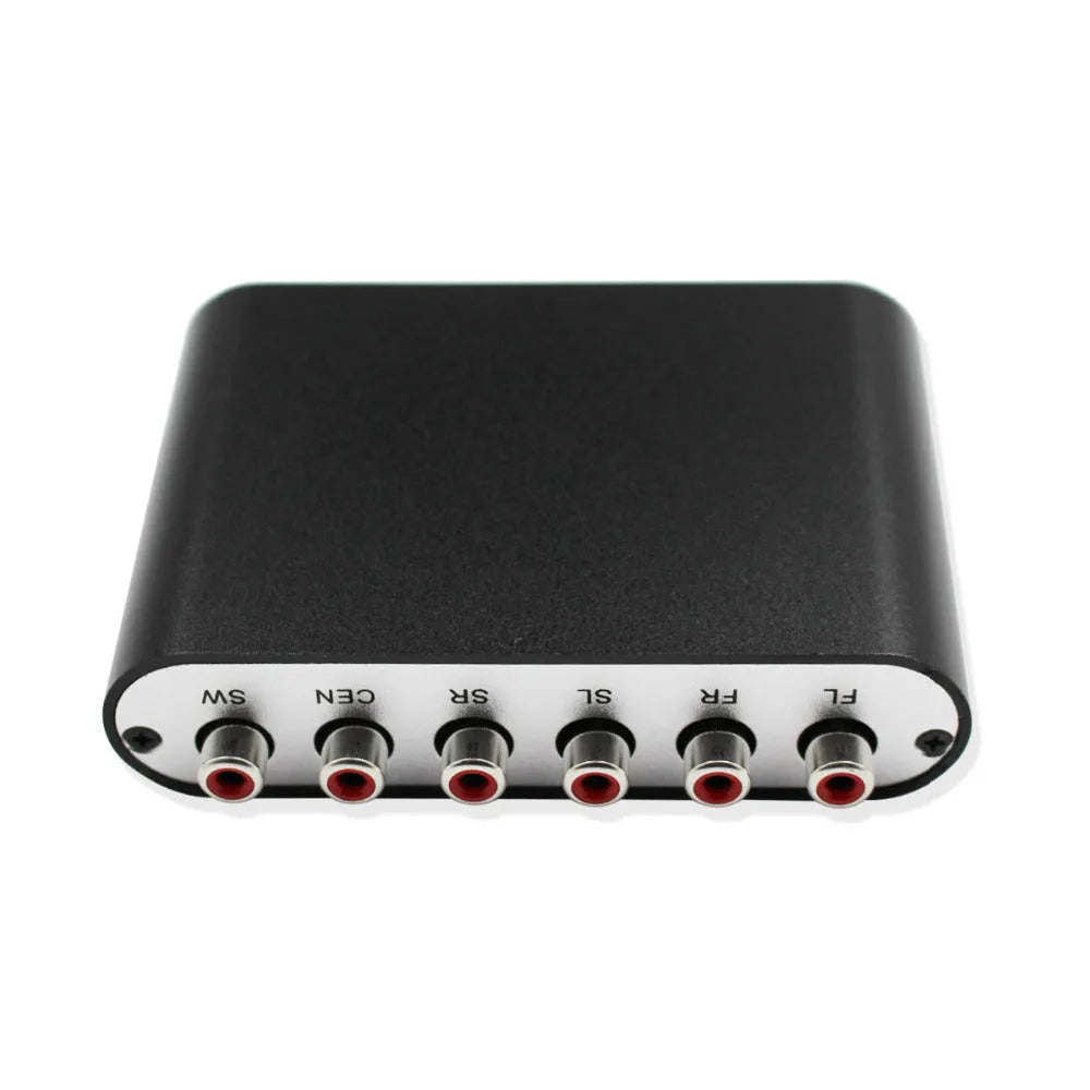 Black DTS Dolby AC-3 digital audio decoder with optical, coaxial, and stereo inputs and 5.1 channel analogue outputs.