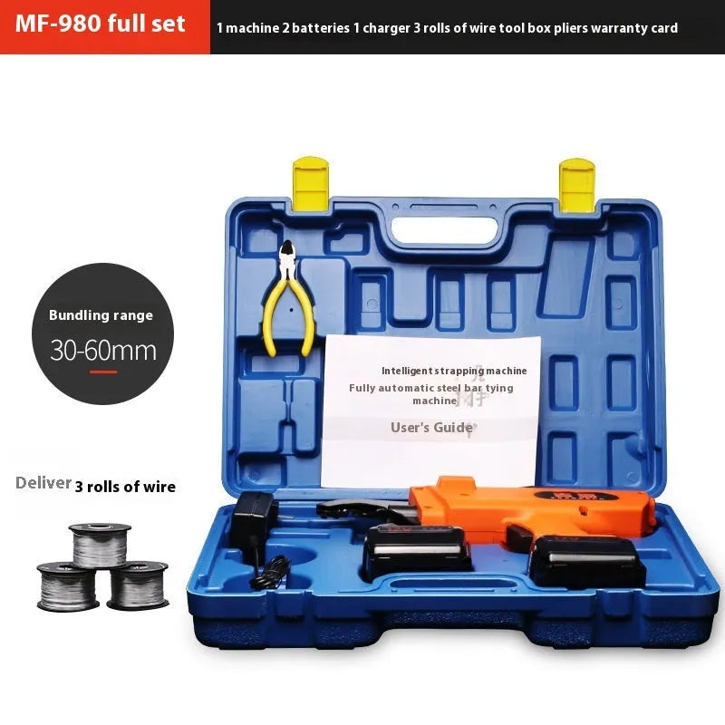 Fully automatic electric steel bar tying machine with battery, charger, and toolbox on a construction site.
