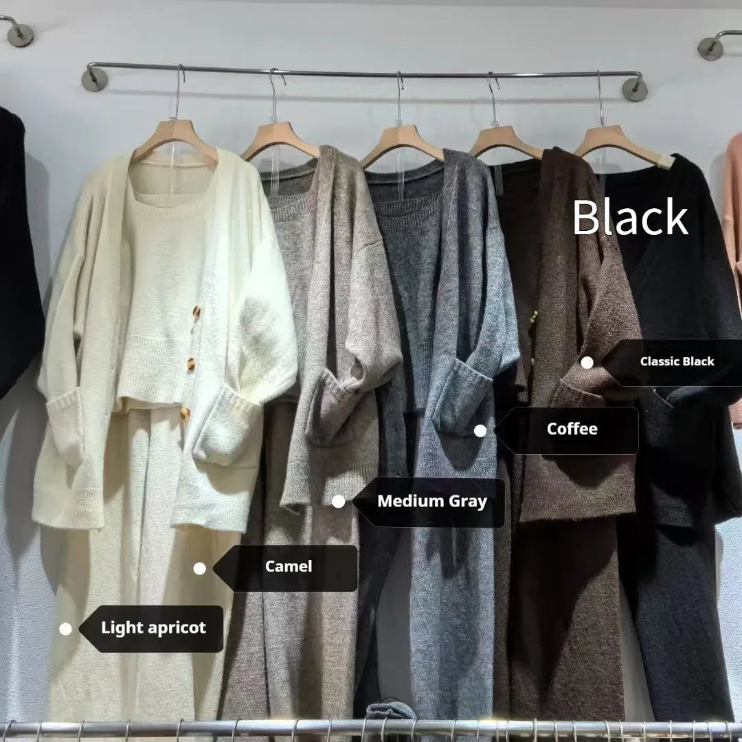 Women's knit cardigan and pants three-piece set in wool blend fabric shown in beige colour