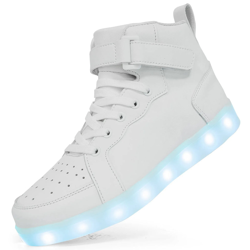 Pair of LED high-top board shoes with lights on, showing Velcro fastening and rubber sole.